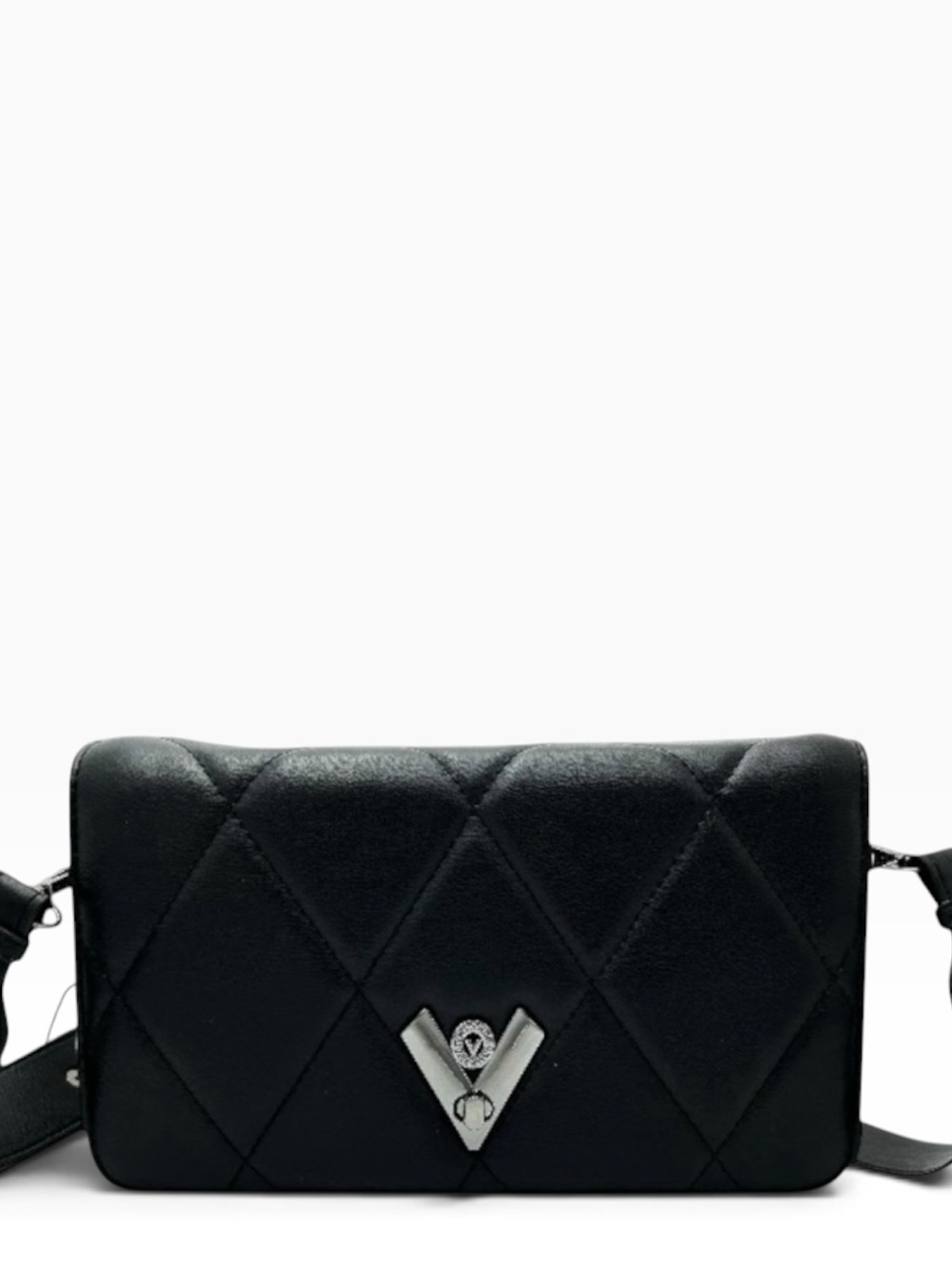 Valentino Orlandi Black Quilted Crossbody Bag with Gunmetal V accent